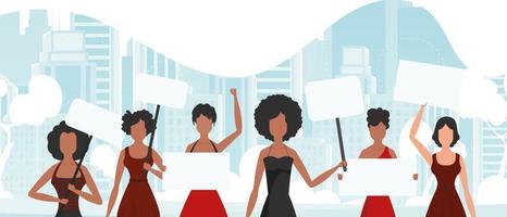 un' gruppo di ragazze siamo protestando. bandiera nel blu toni. vettore illustrazione.