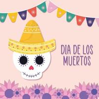 messicano giorno dei morti teschio con cappello sombrero e fiori disegno vettoriale