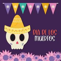 messicano giorno dei morti teschio con cappello e fiori disegno vettoriale