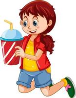 personaggio dei cartoni animati di ragazza felice che tiene un bicchiere di plastica della bevanda vettore