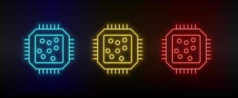 neon icona impostato processore hardware. impostato di rosso, blu, giallo neon vettore icona su trasparenza buio sfondo