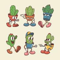 mano disegnato retrò cartone animato cactus collezione vettore