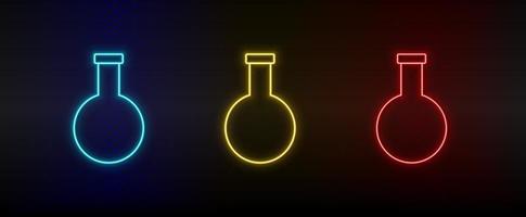 neon icone, chimico borraccia. impostato di rosso, blu, giallo neon vettore icona su scurire trasparente sfondo