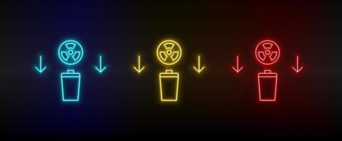 neon icona impostato bidone, nucleare, cestino. impostato di rosso, blu, giallo neon vettore icona su trasparenza buio sfondo