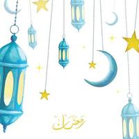 Ramadan saluto design con sospeso blu lanterna, mezzaluna lune e stelle ornamento illustrazione vettore