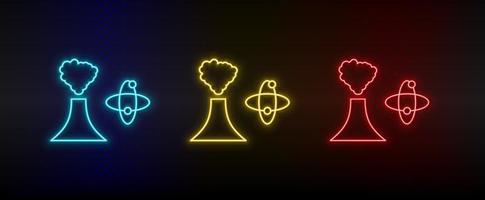 neon icona impostato edifici, Vulcano, atomo. impostato di rosso, blu, giallo neon vettore icona su trasparenza buio sfondo