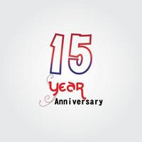 Logotipo di celebrazione dell'anniversario di 15 anni. logo dell'anniversario con colore rosso e blu isolato su sfondo grigio, disegno vettoriale per celebrazione, carta di invito e biglietto di auguri