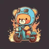 carino illustrazione di un' orso equitazione un' motocicletta con un' ardente fuoco vettore