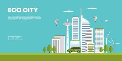 concetto di ecologia. città moderna e agricoltura sviluppata. Green eco city flat cartoon illustrazione vettoriale isometriche fonti di energia naturali per la vita urbana. futuristica città iot che utilizza l'energia eolica.