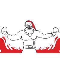 Babbo Natale con guantoni da boxe continuo un disegno a tratteggio. Natale Babbo Natale posa uomo pugile con un corpo muscoloso isolato su sfondo bianco. concept line art boxe per natale e capodanno. vettore