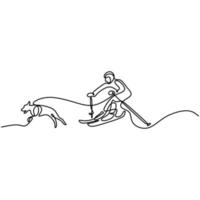 una sola linea di disegno giovane sportivo che gioca sci su ghiaccio. giovane maschio energico sportivo con gli sci è tirato da un cane isolato su sfondo bianco. stile di vita invernale e concetto di sport estremi vettore