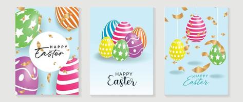 contento Pasqua lusso elemento copertina vettore impostare. elegante 3d brillante colorato modello Pasqua uova con oro coriandoli nastro su blu sfondo. adorabile affascinante design per decorativo, carta, bambini, manifesto.