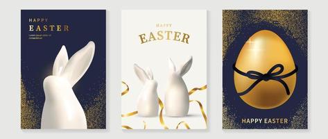 contento Pasqua lusso elemento copertina vettore impostare. elegante bianca ceramica coniglio forma e d'oro 3d brillante Pasqua uovo con luccichio e nastro. adorabile affascinante design per decorativo, carta, bambini, manifesto.