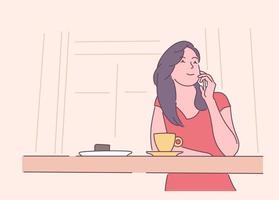 sogno, pausa caffè, concetto di conversazione telefonica. giovane donna o ragazza sorridente si alza e parla al telefono. illustrazione di disegno vettoriale stile disegnato a mano.
