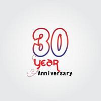 Logotipo di celebrazione dell'anniversario di 30 anni. logo dell'anniversario con colore rosso e blu isolato su sfondo grigio, disegno vettoriale per celebrazione, carta di invito e biglietto di auguri