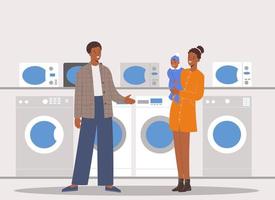 giovane africano americano famiglia volontà scegliere lavaggio macchina nel un' shopping centro di domestico elettrodomestici supermercato vettore