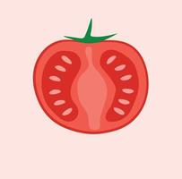 pomodoro rosso fresco con le foglie. fetta pomodoro con pomodoro semi su rosa sfondo. cartone animato stile. isolato vettore