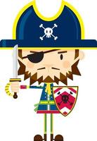 cartone animato spavaldo pirata Capitano con spada e scudo vettore