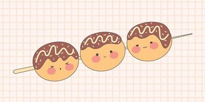 kawaii takoyaki nel un' a forma di barca contenitore.giapponese cucina nel carino cartone animato stile. tradizionale giapponese cibo. azione vettore illustrazione.