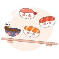 carino Sushi impostato con sorridente viso e rosa guance. Sushi volta. kawaii rotoli. giapponese tradizionale cucina piatti. azione vettore illustrazione.