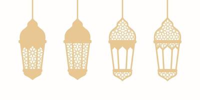 impostato di lusso d'oro Arabo lanterna con islamico modello. d'oro lanterna, lampada linea icone. arabo design elemento. Islam decorazione. saluto ghirlanda. musulmano Festival. vettore illustrazione.