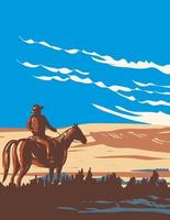 cowboy e cavallo a ovest bloccare di praterie nazionale parco nel saskatchewan Canada wpa manifesto arte vettore