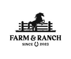 cavallo silhouette Vintage ▾ retrò di legno recinto paddock per campagna occidentale nazione azienda agricola e ranch logo design vettore