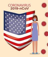 banner di coronavirus con donna con disegno vettoriale bandiera usa