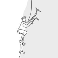 continuo un disegno a tratteggio di un alpinista maschio salendo pendio innevato con assi contro nuvole isolato su sfondo bianco. concetto di sport invernali estremi. scalatore. design minimalista vettore