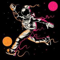 astronauta che giocano a calcio o calcio nello spazio su sfondo nero. astronauta sportivo calcia il pallone tra le stelle e le galassie dei pianeti lunari. buono per bambini poster di abbigliamento t-shirt design di stampa vettore