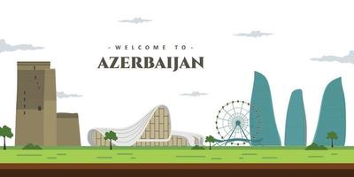 paesaggio della città dell'Azerbaigian con il famoso punto di riferimento della costruzione. benvenuto in azerbaigian. viaggio per le vacanze nel mondo in asia, collezione asiatica. illustrazione di vettore del sito web in stile cartone animato