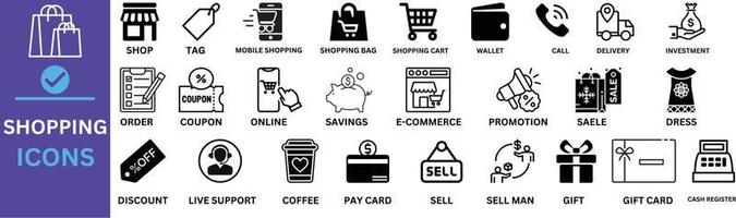 impostato di icone per design shopping e Al dettaglio linea icone impostare. e-commerce e Al dettaglio schema icone collezione. acquisti, i regali, negozio, negozio, consegna, marketing, negozio, i soldi, prezzo - azione vettore. vettore