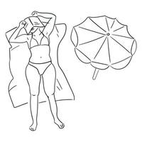 spiaggia atmosfera, un' donna dire bugie nel il sole. vettore design di un' estate manifesto nel un' semplice stile. contorno illustrazione raffigurante un' allegro ragazza nel un' bikini con un ombrello dire bugie su il sabbia. stampa