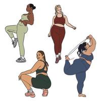 un' impostato di colorato pieno femmina figura nel un' tuta da ginnastica con un' luminosa buio schema. bodypositive femmina corpo. vettore illustrazione. colore e contorno illustrazione. stampa volantini, striscioni, gli sport merce