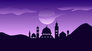 sfondo di silhouette moschea con viola notte per islamico design. paesaggio elemento per design grafico Ramadan saluto nel musulmano cultura e Islam religione. Ramadan sfondo di moschea e collina vettore