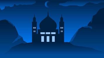 sfondo di silhouette moschea con notte cielo per islamico design. paesaggio elemento per design grafico Ramadan saluto nel musulmano cultura e Islam religione. Ramadan sfondo di montagna e collina vettore