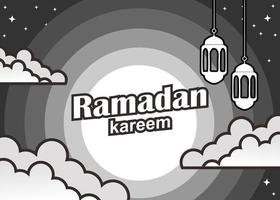 Questo nero e bianca colore i-basico cartone animato ilustration dice Ramadan kareem con sole nube oggetto e Arabo lampada vettore