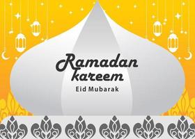 illustrazione di un' bianca cupola su un' giallo sfondo quello legge Ramadan kareem con stella decorazioni e Arabo ornamenti vettore