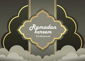 illustrazione di un' contento Ramadan saluto carta disegno, eid mubarak manifesto, nel grigio con un' elenco di oggetti nel oro vettore