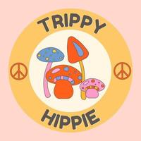 icone, etichetta nel hippie stile con pace cartello, fungo, testo trippy hippy. retrò stile. vettore