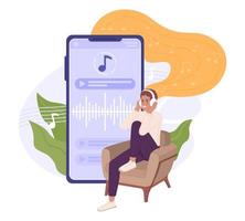 ascoltando per Podcast nel cuffie piatto concetto vettore individuare illustrazione. modificabile 2d cartone animato personaggio su bianca per ragnatela design. Audio soddisfare consegna creativo idea per sito web, mobile, rivista