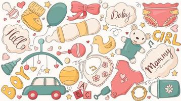 impostato di isolato vettore adesivi per decorazione su il tema di infanzia e cose per neonati. carino icone di giocattoli e elementi di vestiario.