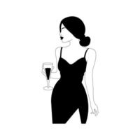 elegante ragazza nel un' vestito con un' bicchiere. femmina lineare figura nel un' minimalista stile. per logo, cartoline, manifesti e stampe. vettore