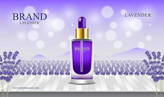 campi di lavanda e sfondo di pavimenti in legno per cosmetici e profumo illustrazione del prodotto naturale vettore