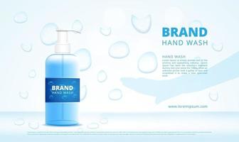 pubblicità di bottiglie di gel per lavaggio a mano con contagocce e sagoma della mano vettore