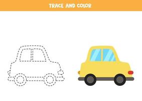 traccia e colora la macchina dei cartoni animati. foglio di lavoro spaziale per bambini. vettore