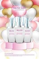 espositore per poster di promozione cosmetica con sfondo carino e palloncini a forma di cuore vettore