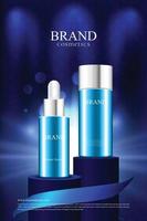 poster di packaging cosmetico su sfondo podio in tessuto fantasia elegante blu scuro con luci vettore