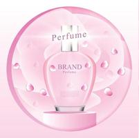 un oblò circolare che si affaccia su una bottiglia di profumo rosa sta nell'atmosfera di petali di rosa vettore