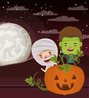 scena della stagione di Halloween con bambini in costume vettore